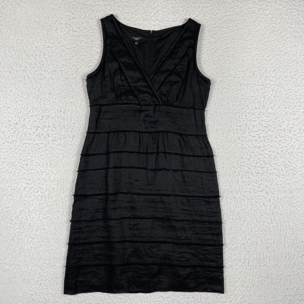 Talbots Sheath Dress Womens 8P Black Linen Tiered Fringe V-Neck Sleeveless LBD